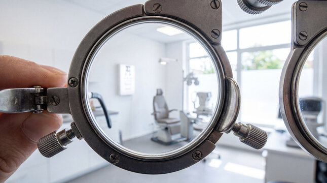 Close-up of phoropter lenses in an optometrist's office