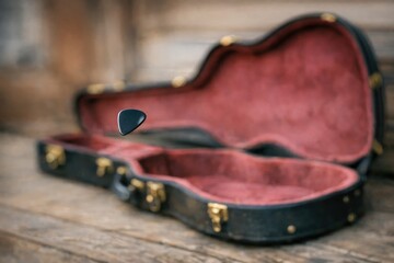 Obraz premium A guitar case sits on top of a wooden table, perfect for storing and displaying your musical instrument