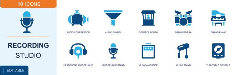 Recording studio and audio production icon set. Containing audio compressor, control booth, microphone stand, piano, turntable, headphones, music stand and more. Solid fill vector icons. © Master
