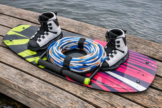 Pair of snowboards and boots on a dock, perfect for winter storage or display