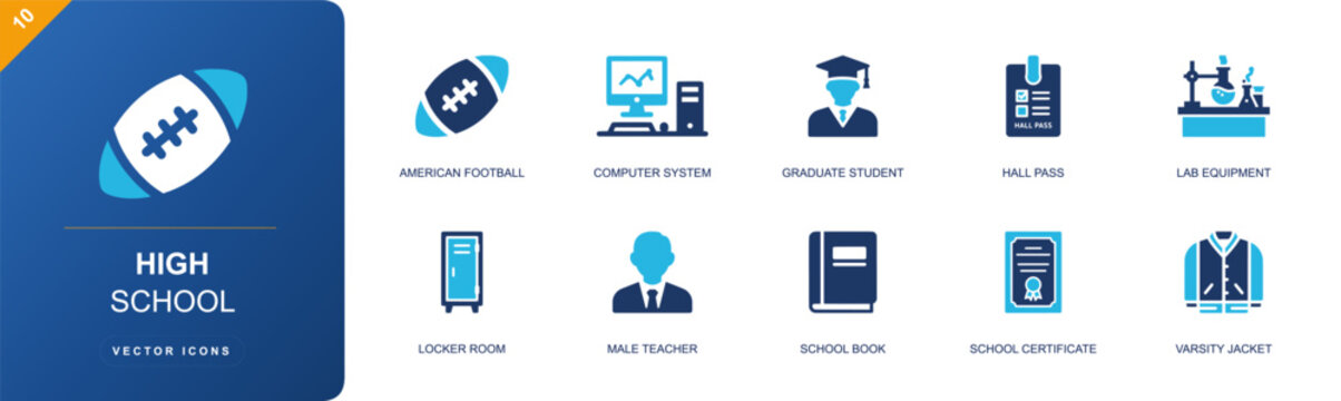 High school icon set. Containing football, computer system, graduate student, hall pass, lab equipment, locker room, teacher, school book, certificate and more. Solid fill vector icons