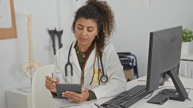 Woman doctor writing on tablet with stylus, stethoscope visible at desk by computer in building; focused patient care.