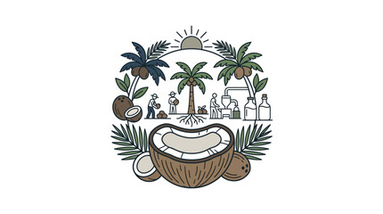Obraz premium Coconut Oil Production Process Flat Line Vector Illustration