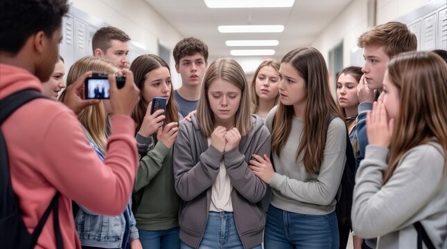 Bullying victim surrounded by peers in school hallway. Sad teenage girl being filmed and photographed by classmates during conflict at high school.
