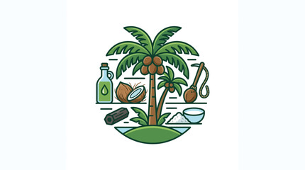 Fototapeta premium Coconut Products Icon Set with Palm Tree Illustration