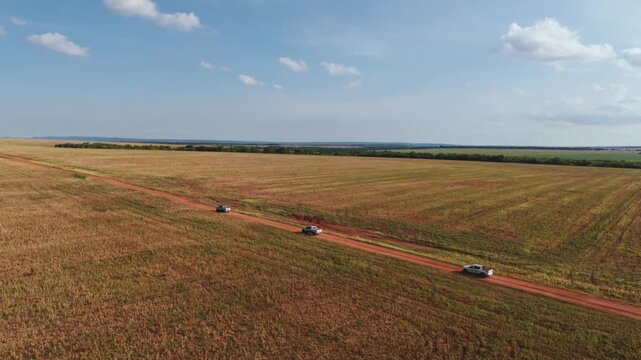 High-angle aerial view of a convoy of white pickup trucks driving along a narrow dirt road through a vast agricultural field under a clear blue sky with light clouds in the distance