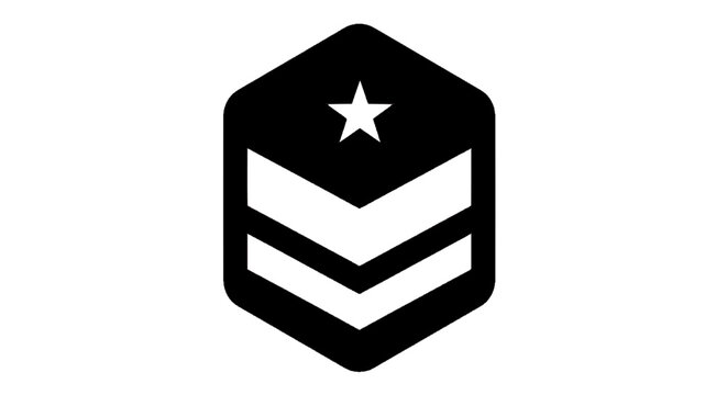 Minimal black silhouette icon, simple flat vector, bold black shape, no, no shading military rank icon with star and chevrons inside a hexagon shape on a, flat icon style
