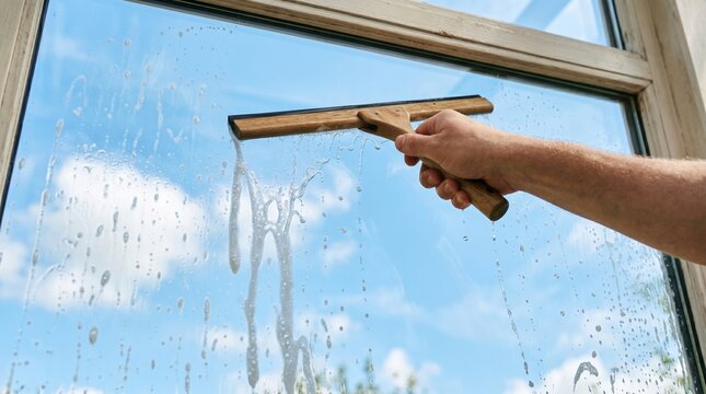 Closeup of a hand using a wooden squeegee to clean a soapy window