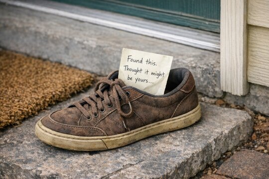 A single shoe with a note attached sits on a step, perfect for use in scenes about loneliness, lost items, or forgotten memories