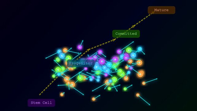 This spatial transcriptomics visualization shows cell changes, mapping how stem cells develop into mature forms. It traces their growth through progenitor and committed stages in a vivid digital.