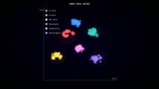 An informative spatial transcriptomics visualization highlights immune cell clusters appearing and growing across a dark background for advanced biomedical data analysis and research study.
