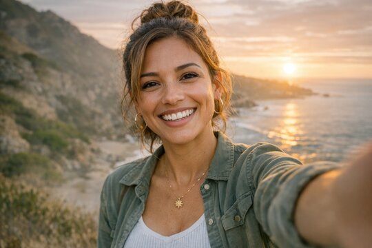 A person captures a moment on their phone as the sun sets behind them