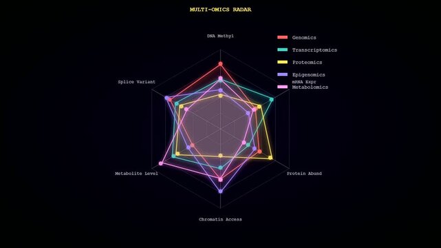 A vivid spatial transcriptomics visualization integrates multi omics data on glowing radar charts, offering comprehensive biological insights for advanced scientific research and analysis.