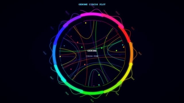 A captivating spatial transcriptomics visualization dynamically renders on a dark screen, showcasing intricate genomic connections and biological data mapping with vibrant, evolving circular plots.