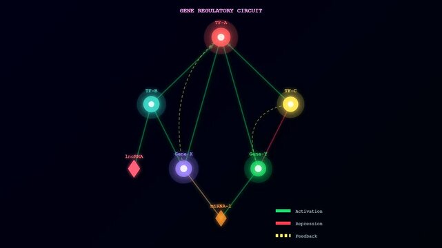 Dynamic spatial transcriptomics visualization of complex gene regulatory circuits demonstrating activation, repression, and feedback mechanisms within an abstract biological network animation.