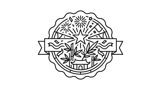 Vietnam Tet Holiday Badge with Bamboo and Traditional Architecture