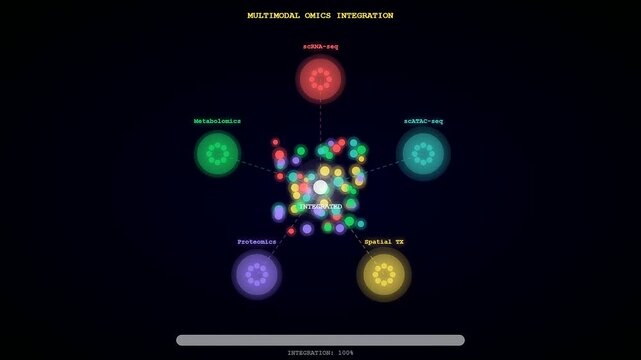 Advanced scientific software displays a spatial transcriptomics visualization merging diverse omics datasets into a centralized core for holistic biological research and deep molecular insights.