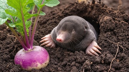 Fototapeta premium Mole emerging from underground tunnel next to purple turnip. Garden pest damage and soil excavation in vegetable patch.