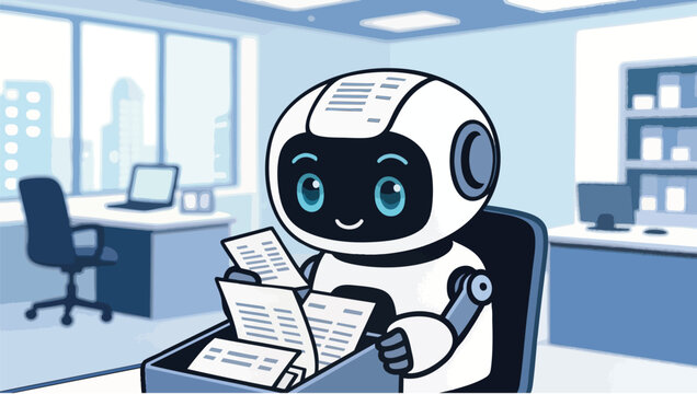 Cute robot sorting papers in an office pixel style android.