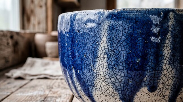 artisan pottery techniques, a deep cobalt blue ceramic piece features a captivating crackle glaze