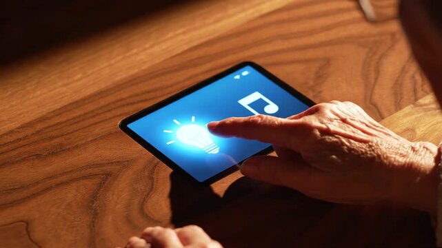 Elderly Hand Controls Smart Home Devices on Tablet: Light and Music Icons