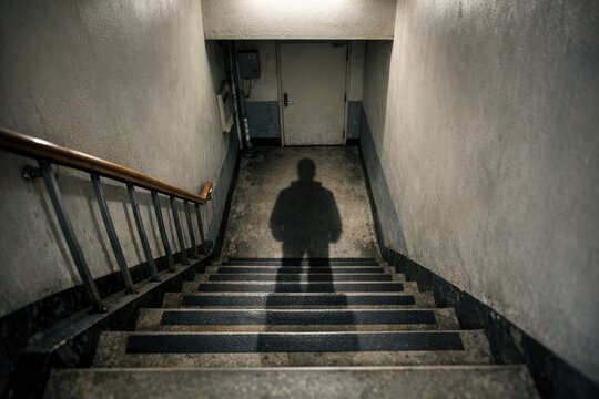 A person is walking down a set of stairs, with the staircase and surrounding area in focus