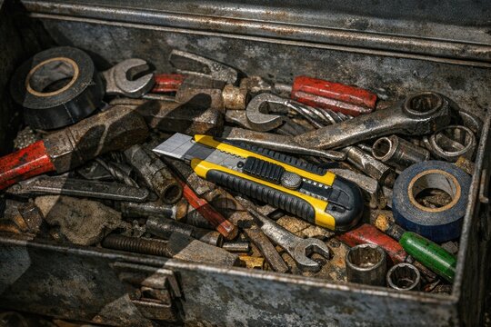 A tool box filled with various hand tools including wrenches and hammers, suitable for DIY projects or construction sites