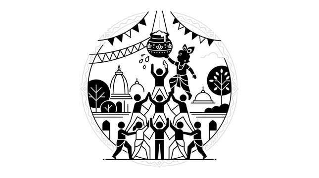 Janmashtami Dahi Handi Festival Celebration Line Art
