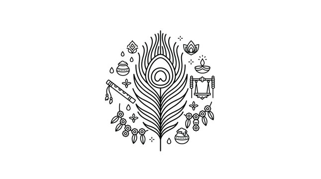 Krishna Janmashtami Festival Line Art Composition