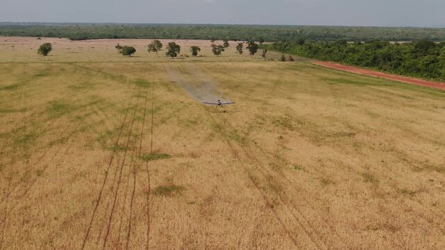 Aerial view of a crop duster aircraft flying low over a vast agricultural field, spraying pesticides or fertilizers to protect crops in a rural landscape during a bright sunny day