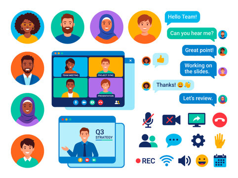 Diverse group of people participating in a video conference call with chat bubbles and communication icons