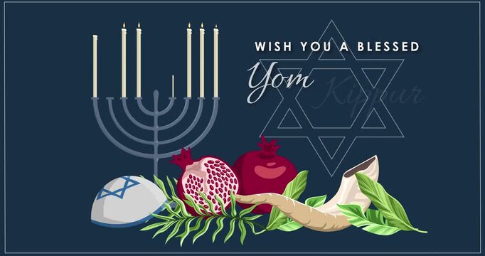 Yom Kippur Celebration motion graphics. Day of Atonement in Judaism. Traditional Jewish holiday dedicated to repentance, forgiveness and faith. Animated cartoon