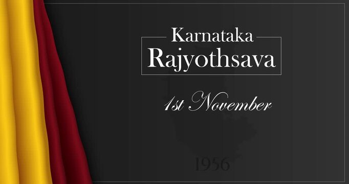 Karnataka Rajyotsava motion graphics concept. Greeting card design with text and waving Karnataka flag. Celebration of Kannada Formation Day, unity and tradition. Animated cartoon