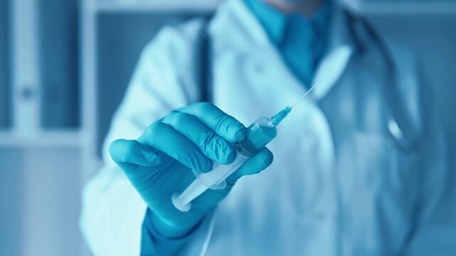 Medical research and vaccine innovation featuring a doctor holding a syringe in his hand and bringing it to the camera while the laboratory manufactures advanced tools for the treatment of diseases in