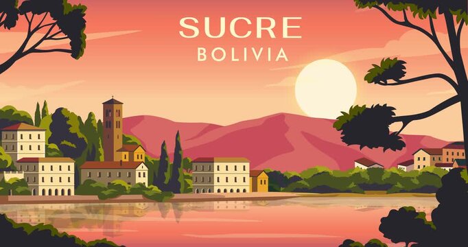 Sucre, Bolivia sunset landscape motion graphics. Panorama of Latin American city with historic architecture, mountains and beautiful nature. Tourism and travel destinations. Animated cartoon