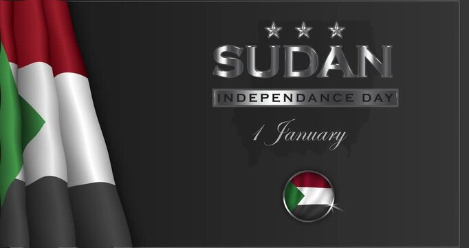 Sudan Independence Day motion banner. Festive design with silver typography and waving national flag of African country. January 1st holiday honoring freedom and sovereignty. Animated graphics