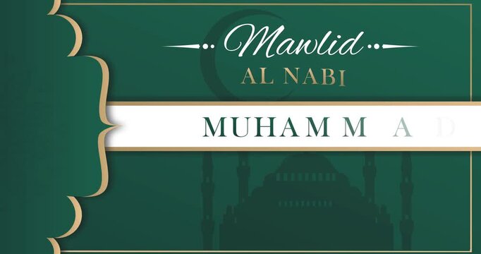 Mawlid Al Nabi. Decorative Islamic motion design celebrating birth of Prophet Muhammad. Traditional Muslim holiday. Ornamental background with mosque. Animated graphics