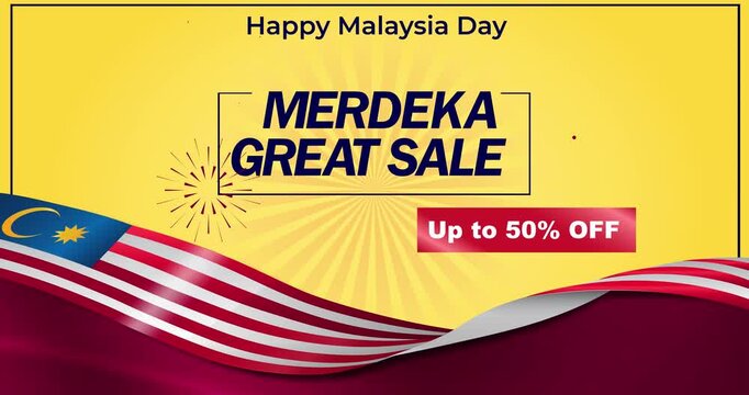 Hari Merdeka sale motion design. Festive advertising background with celebratory decorations and promotional typography. Happy Malaysia Day holiday celebration. Animated graphics