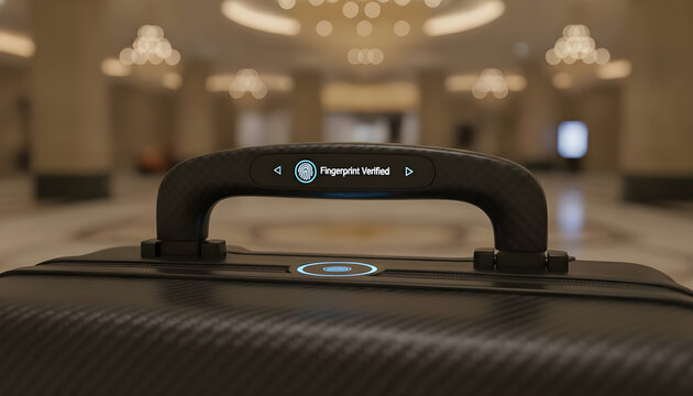 A black suitcase with a blue light on it