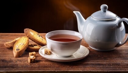 Fototapeta premium cup of tea and teapot and biscotti