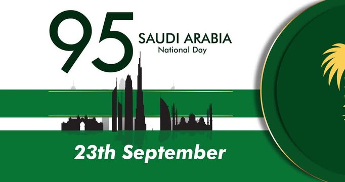 Saudi Arabia National Day motion design. Celebration of 95th anniversary on September 23 honoring sovereignty, freedom and unity of Arab country. Banner with flag and city panorama. Animated graphics