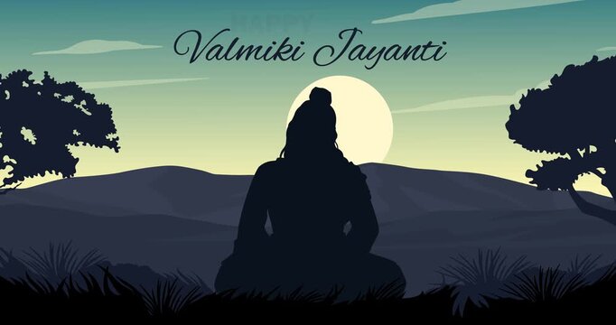 Happy Valmiki Jayanti motion design. Festive banner celebrating birth anniversary of Maharishi Valmiki. Traditional Indian holiday. Poet and author of Ramayana. Animated graphics