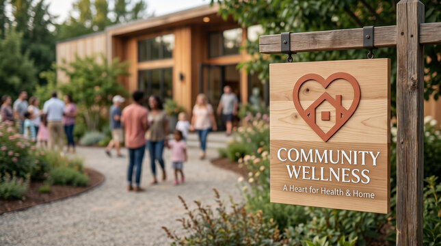 Community Wellness Center Sign Standing In Public Garden With Diverse People Gathering In Peaceful Atmosphere