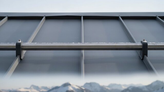 Metal roof panels feature an integrated snow guard system installed for protection against winter weather damage.
