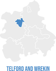 Fototapeta premium Telford and Wrekin unitary authority map, highlighted in West Midlands, UK, simplified flat design, vector illustration with label