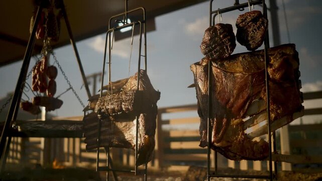 Traditional outdoor barbecue featuring large cuts of beef ribs and sausages slow-cooking on vertical metal racks under a golden sunset sky at a rustic food festival or asado event