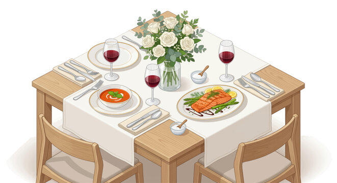 Elegant Romantic Dinner Setting with Grilled Salmon Tomato Soup Red Wine and White Roses on a Wooden Table
