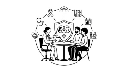 Obraz premium Doctor Consulting Couple with Health Insurance Shield Illustration
