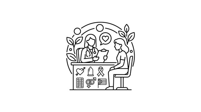 Doctor Consultation with Patient for Sexual Health Line Art Icon