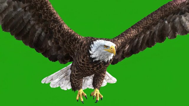 Bald eagle flying isolated on green screen, 3 d animation for wildlife compositing and cinematic projects